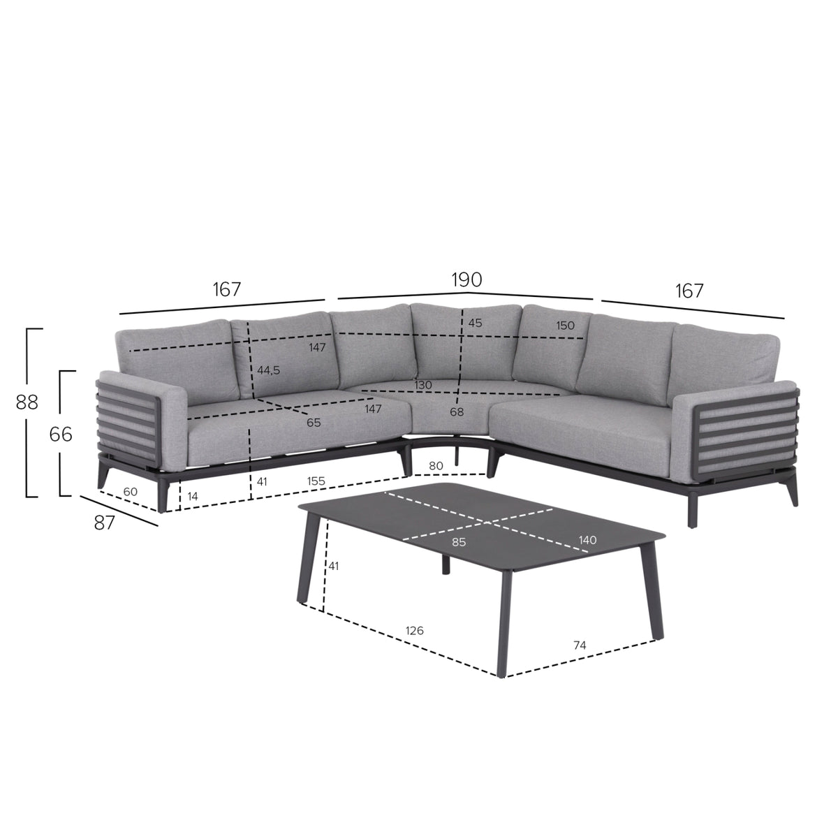 ORION 4-PIECE OUTDOOR CORNER LOUNGE SET, DARK GREY ALUMINUM & OLEFIN