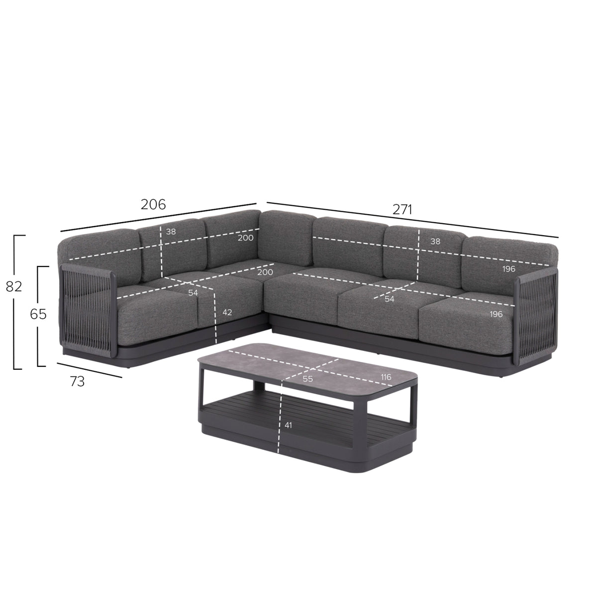 ELYSIA 3-PIECE CORNER SOFA SET DARK GREY ALUMINUM P.E. ROPE FABRIC