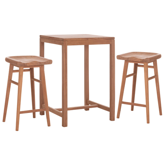 BAR TABLE SET WITH 2 BOLMAR BAR STOOLS TEAK WOOD IN NATURAL COLOR