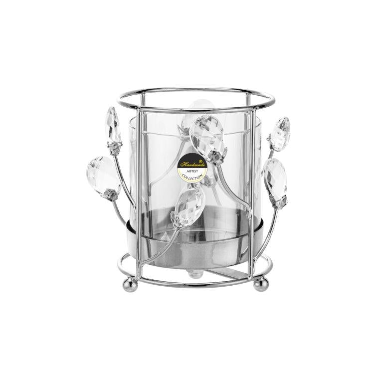 Κηροπήγιο Γυάλινο/Μέταλλο με Ασημί Διακοσμητικές Διακλαδώσεις 11.8x11.8x14