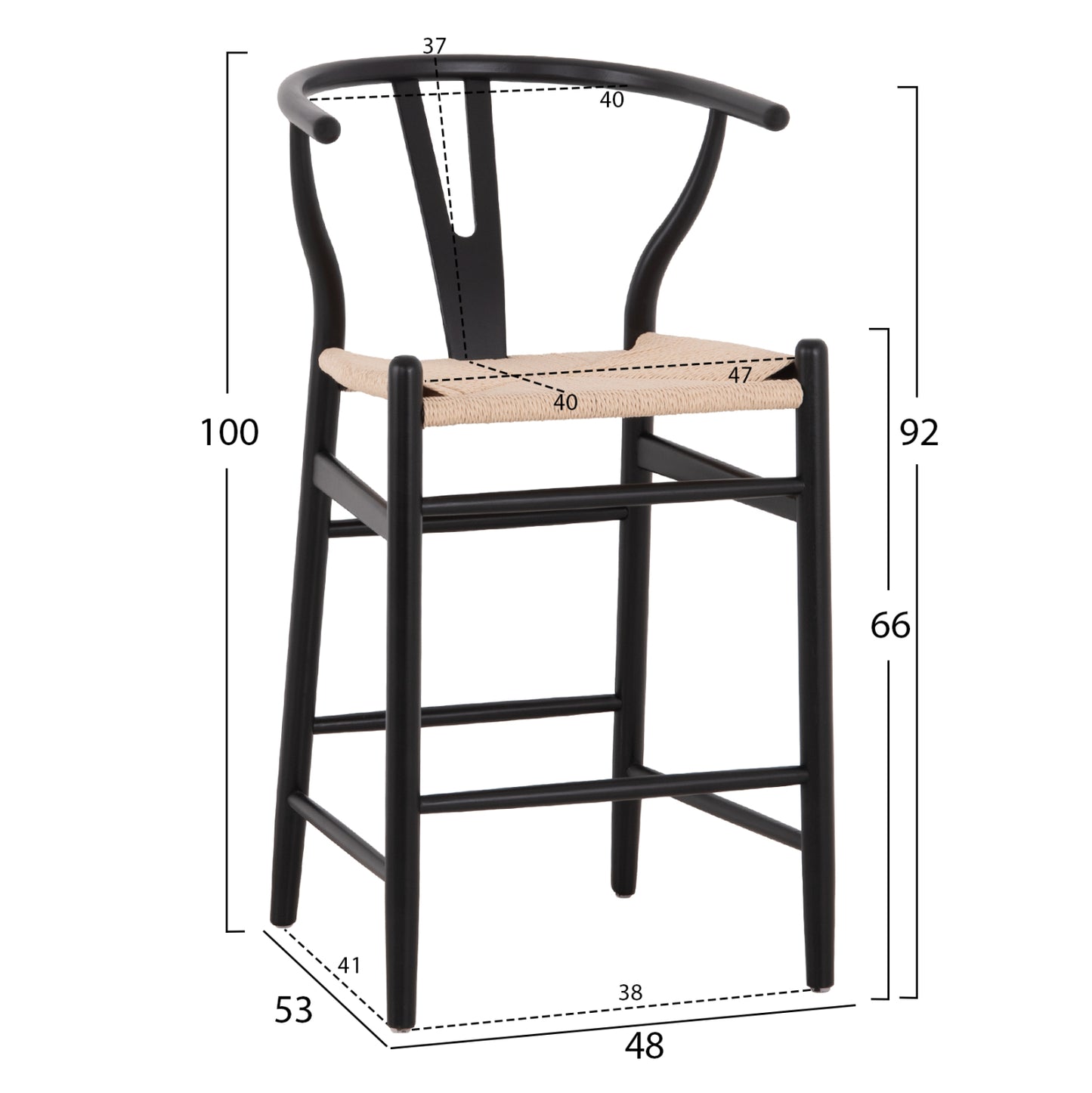 BAR STOOL BRAVE BEECH WOOD BLACK WHITE ROPE 48x53x100
