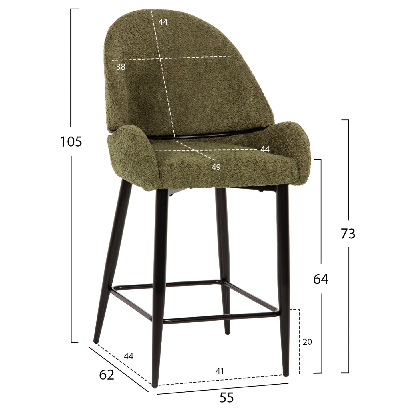 MID-HEIGHT STOOL SARKY BOUCLÉ FABRIC GREEN METAL LEGS 55x62x105