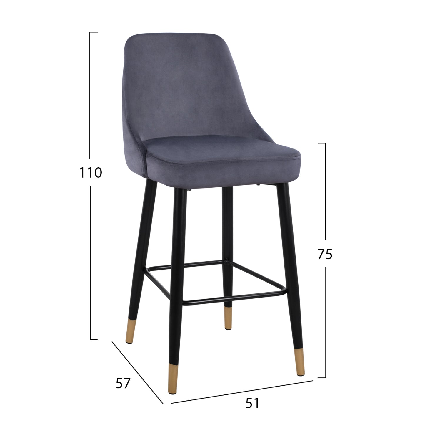 BAR STOOL SERENITY GREY VELVET WITH METAL FRAME 51x57x110