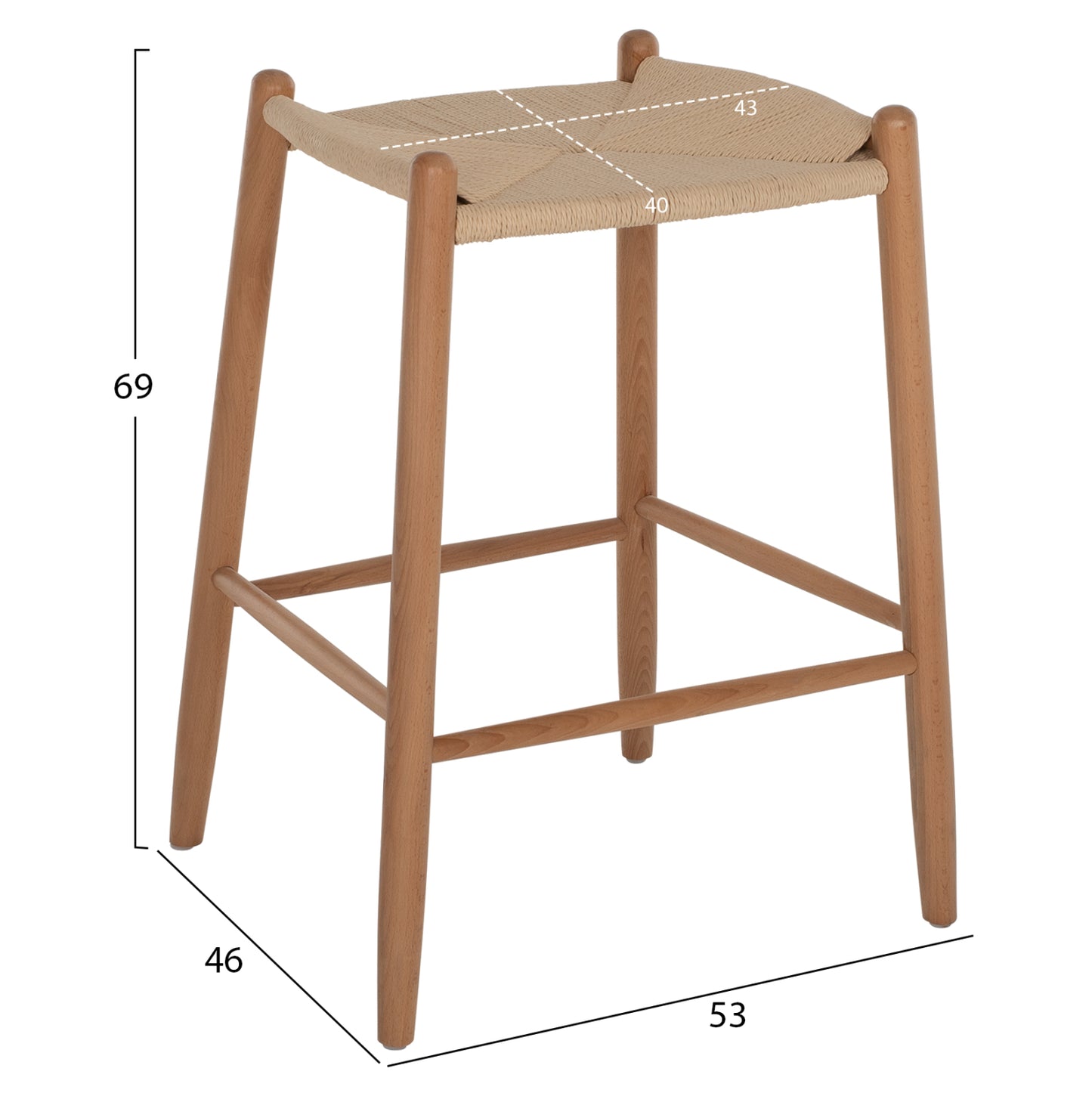BAR STOOL BRAVE MEDIUM HEIGHT BEECH ROPE 53x46x69