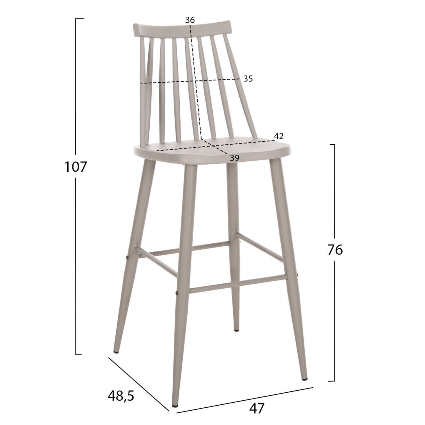 HIGH BAR STOOL VANESSA GREY PP & GREY METAL LEGS 47x48.5x107