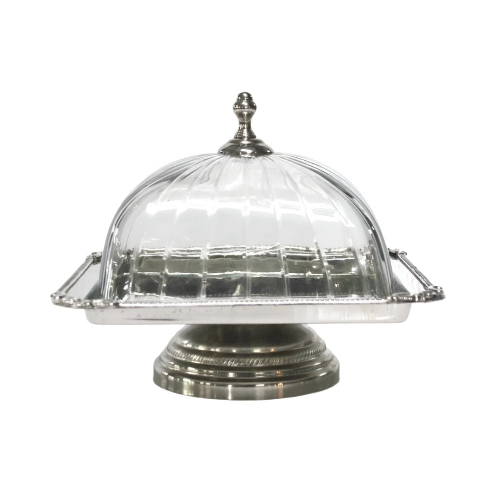 Τουρτιέρα Μεταλλική με Καπάκι Γυάλινο & Δίσκος Τετράγωνος Ασημί 20x20x18