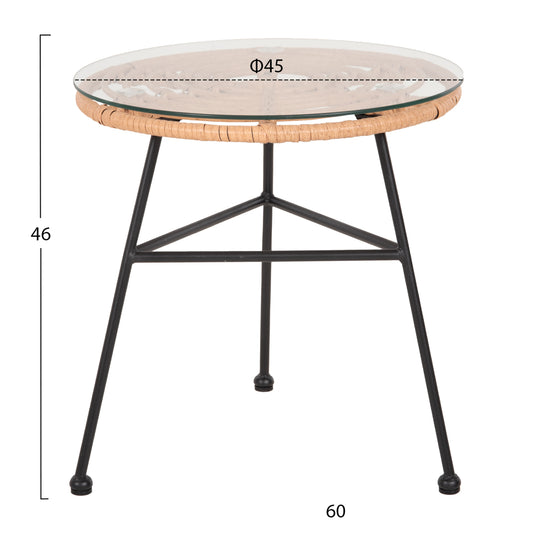 ROUND BLACK METAL ALLEGRA COFFEE TABLE BEIGE WICKER GLASS Φ45x46