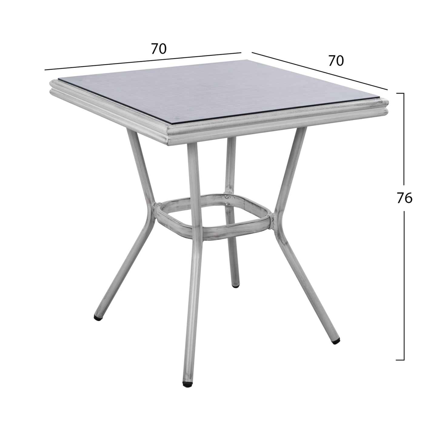 HARLOW BAMBOO LOOK ALUMINIUM TABLE WITH WHITE PATINA AND GLASS TOP 70x70x76