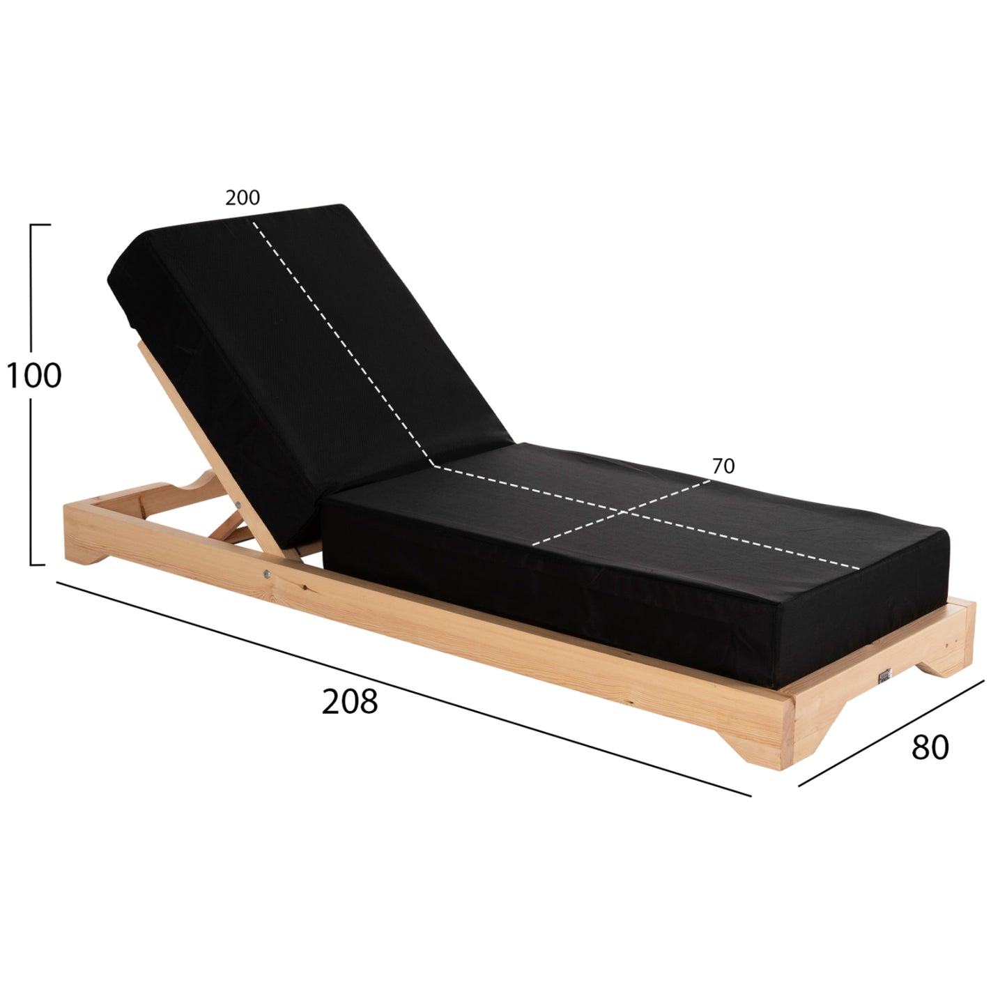 SUNBED IKARIA WITH PINE LEG IN NATURAL BLACK 20cm TEXTILE CUSHION