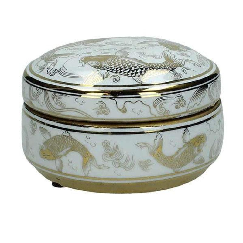 Κουτί 'Ψάρια' Πορσελάνινο Λευκό/Χρυσό 14x14x8