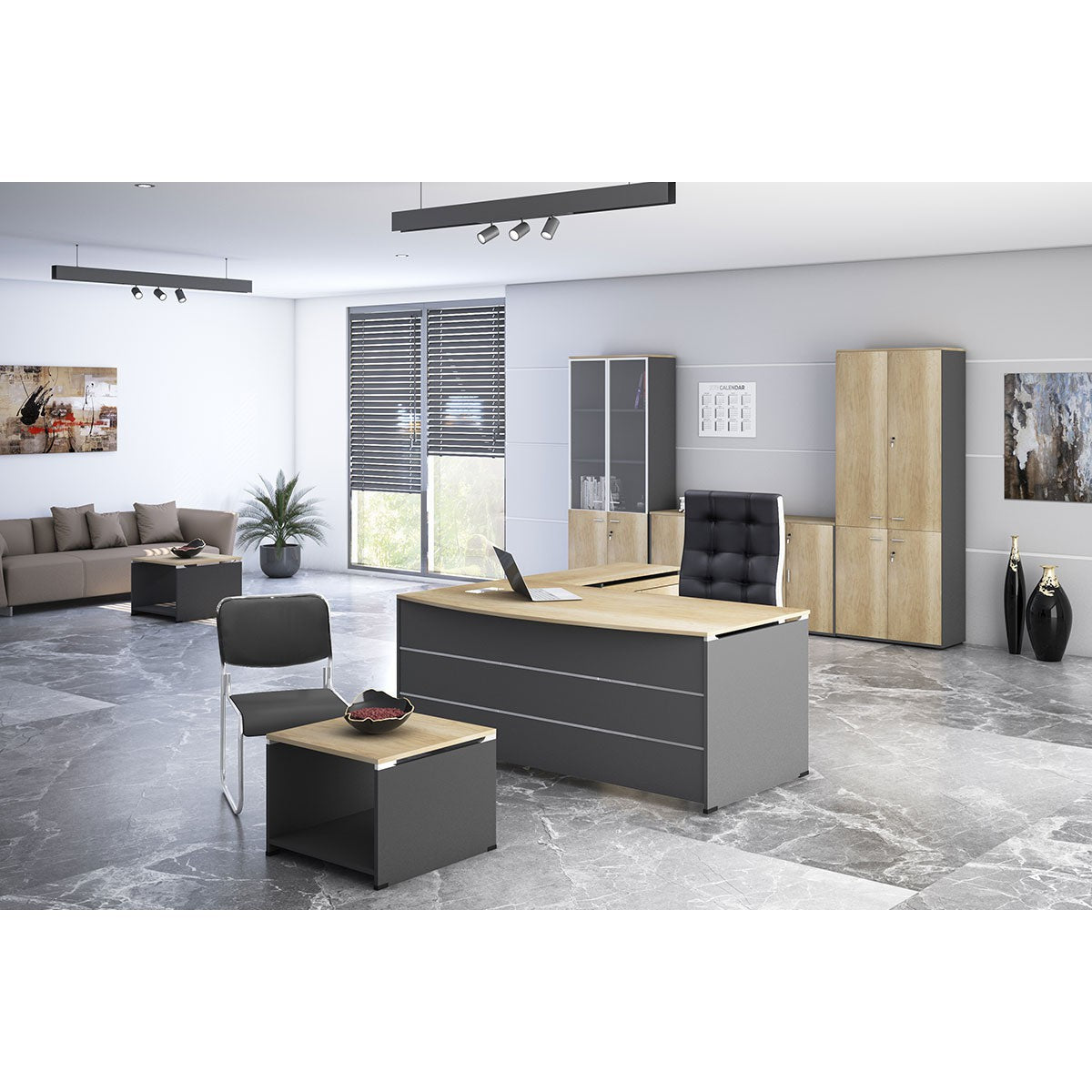 Γραφείο με Ντουλάπι και Ράφια Γωνιακό Ξύλινο Ανθρακί/Φυσικό 180x160x75