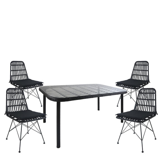 Σετ Τραπεζαρία Κήπου AMPLAS Μαύρο Μέταλλο/Rattan/Γυαλί Με 4 Καρέκλες 14990359