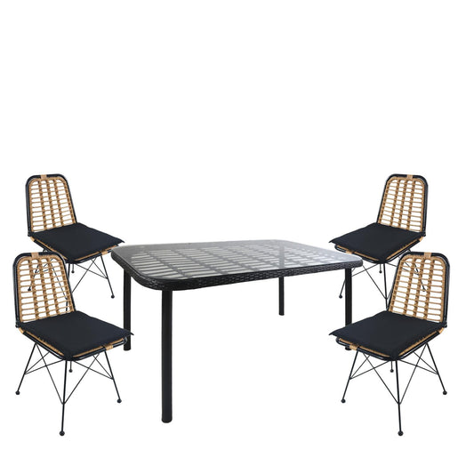 Σετ Τραπεζαρία Κήπου AMPLAS Μαύρο Μέταλλο/Rattan/Γυαλί Με 4 Καρέκλες 14990371