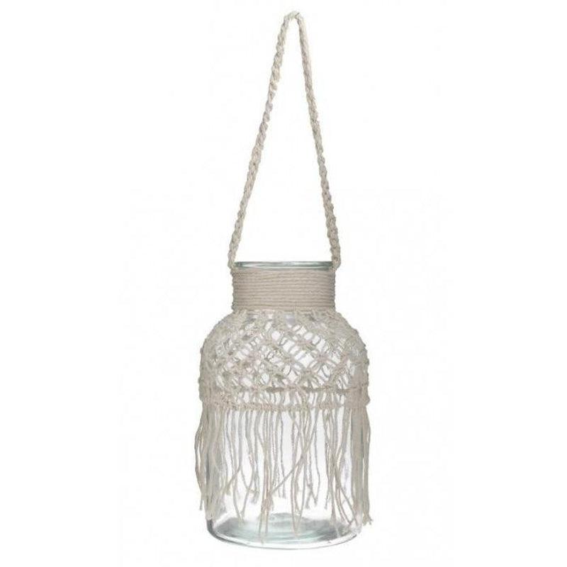 Φανάρι με Μακραμέ Διακόσμηση Γυάλινο Διάφανο 15x15x25
