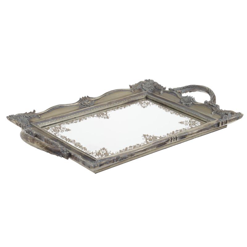 Δίσκος με Καθρέπτη Πολυρεσίνης Αντικέ Χρυσός/Ασημί 38x24x4