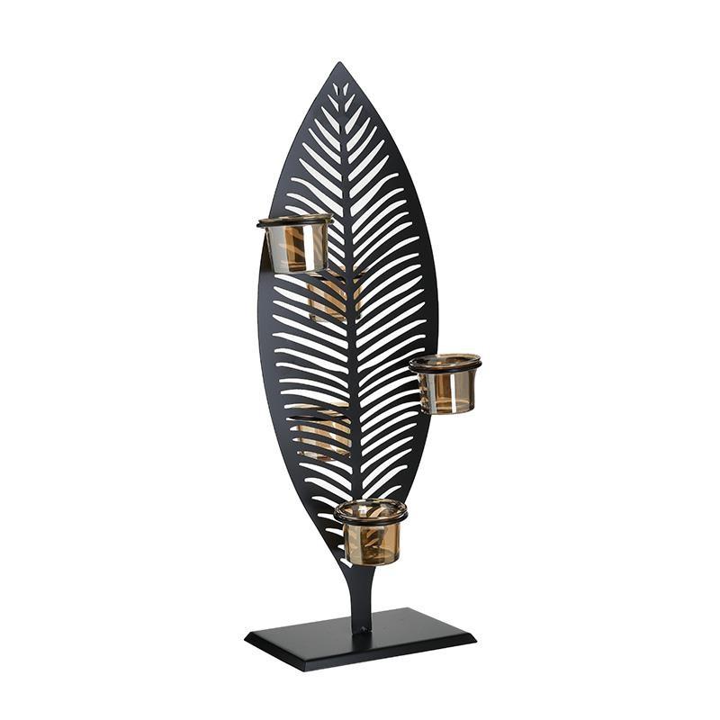 Κηροπήγιο 'Φύλλο' Μεταλλικό/Γυάλινο Μαύρο/Μελί 20x13x52