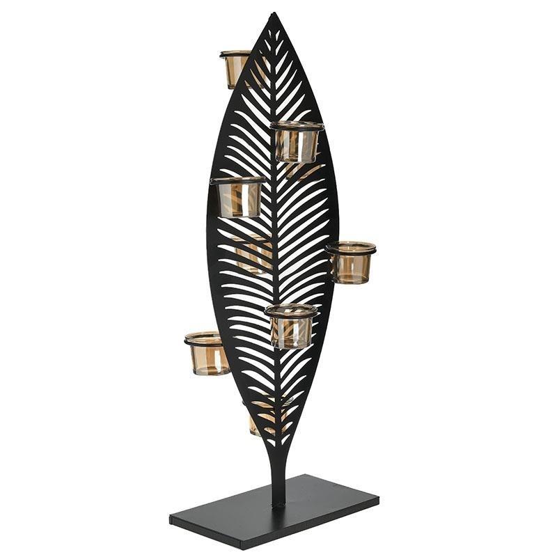 Κηροπήγιο 'Φύλλο' Μεταλλικό/Γυάλινο Μαύρο/Μελί 25x13x62