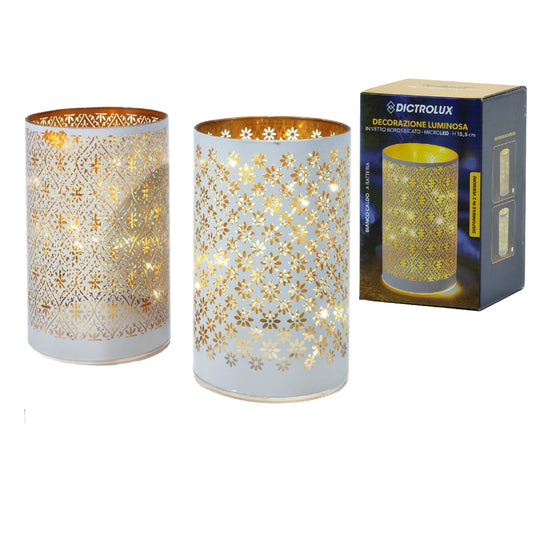 Ποτήρι Κηροπήγιο Φωτιζόμενο Με Micro LED Μπαταρίας Λευκό/Χρυσό Γυαλί Φ9x15.5 Σε 2 Σχέδια