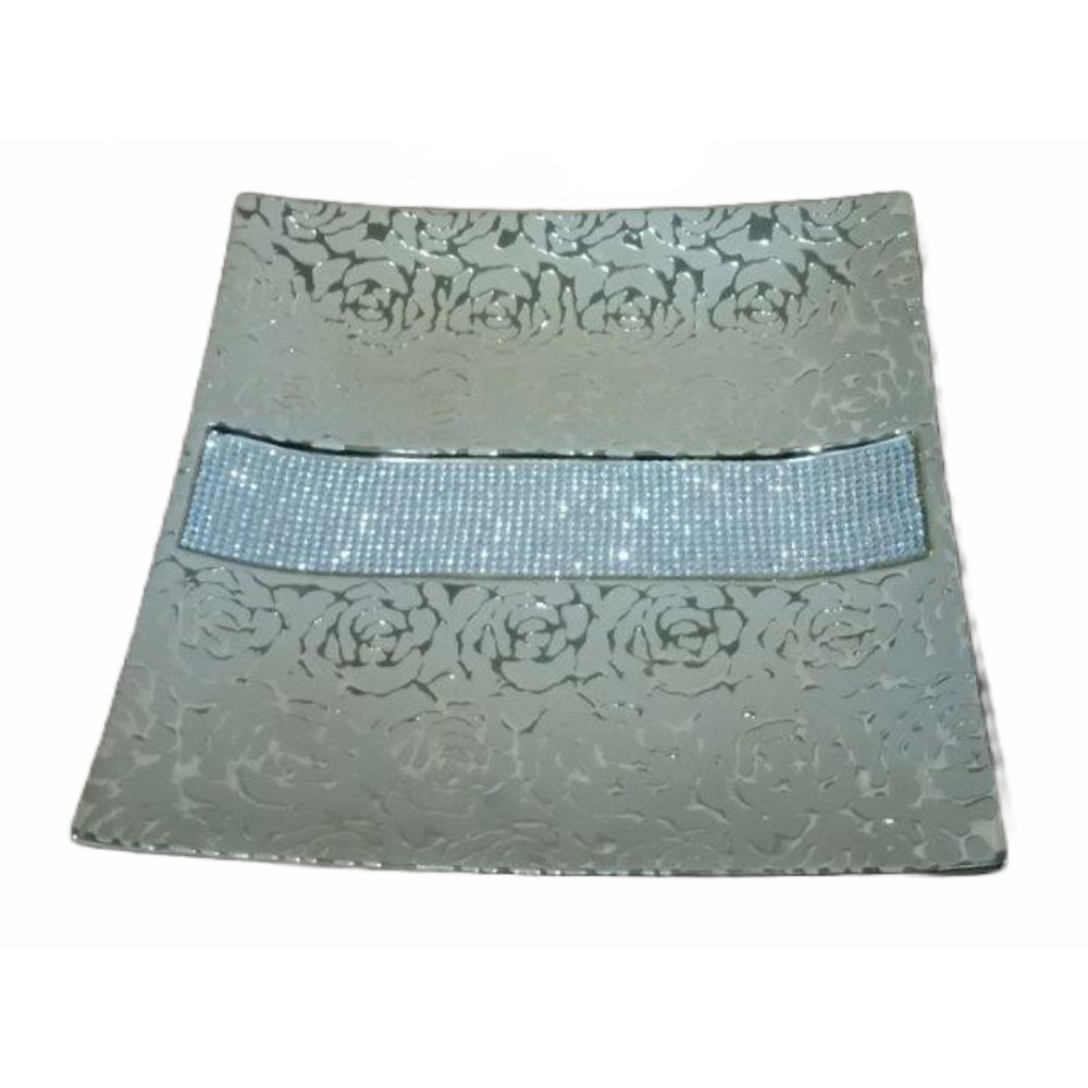 Πιατέλα με Στρας Τετράγωνη Κεραμική Εκρού 28x28x5