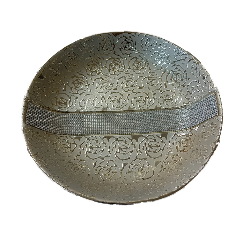 Πιατέλα με Στρας Στρογγυλή Κεραμική Εκρού/Ασημί 35x35x8