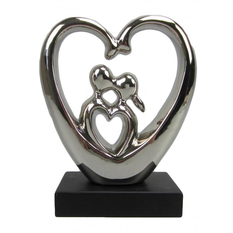 Διακοσμητική Καρδιά 'Ζευγάρι' Κεραμική Ασημί/Μαύρη 29x24x10