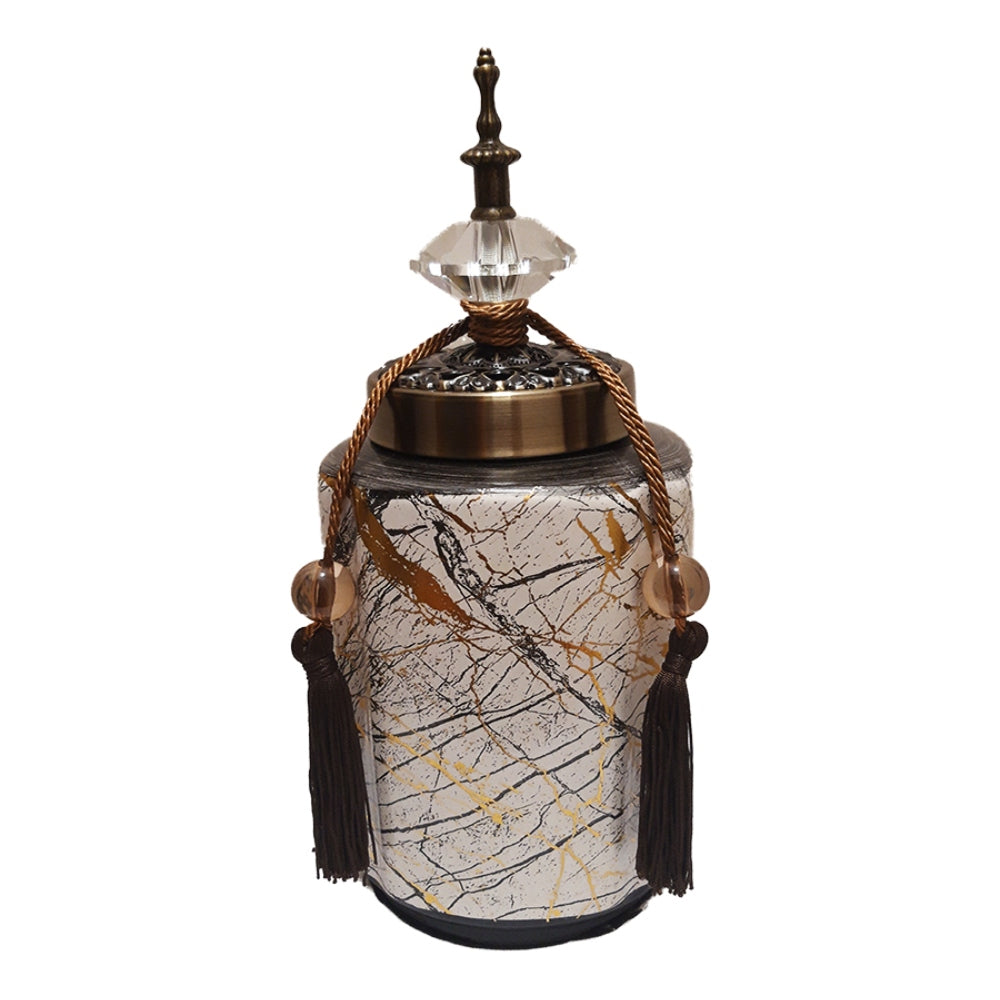 Βάζο με Καπάκι και Φούντες Κεραμικό Γκρι/Χρυσό 14x14x32