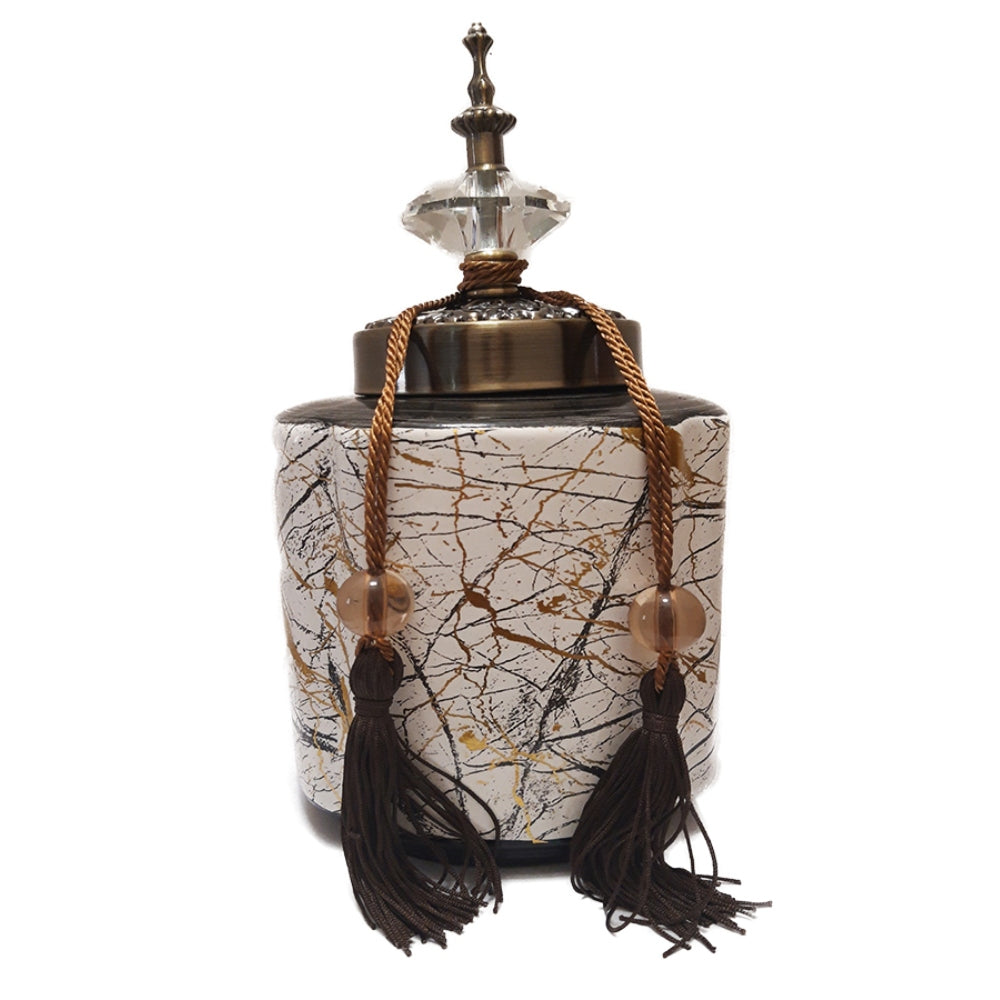 Βάζο με Καπάκι και Φούντες Κεραμικό Γκρι/Χρυσό 14x14x29