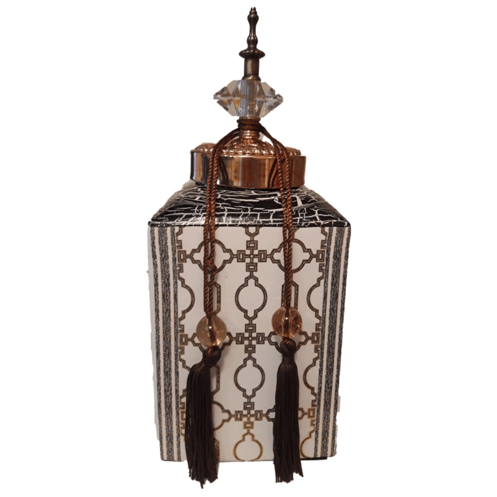 Βάζο με Καπάκι και Φούντες Κεραμικό Καφέ/Χρυσό 14x14x32