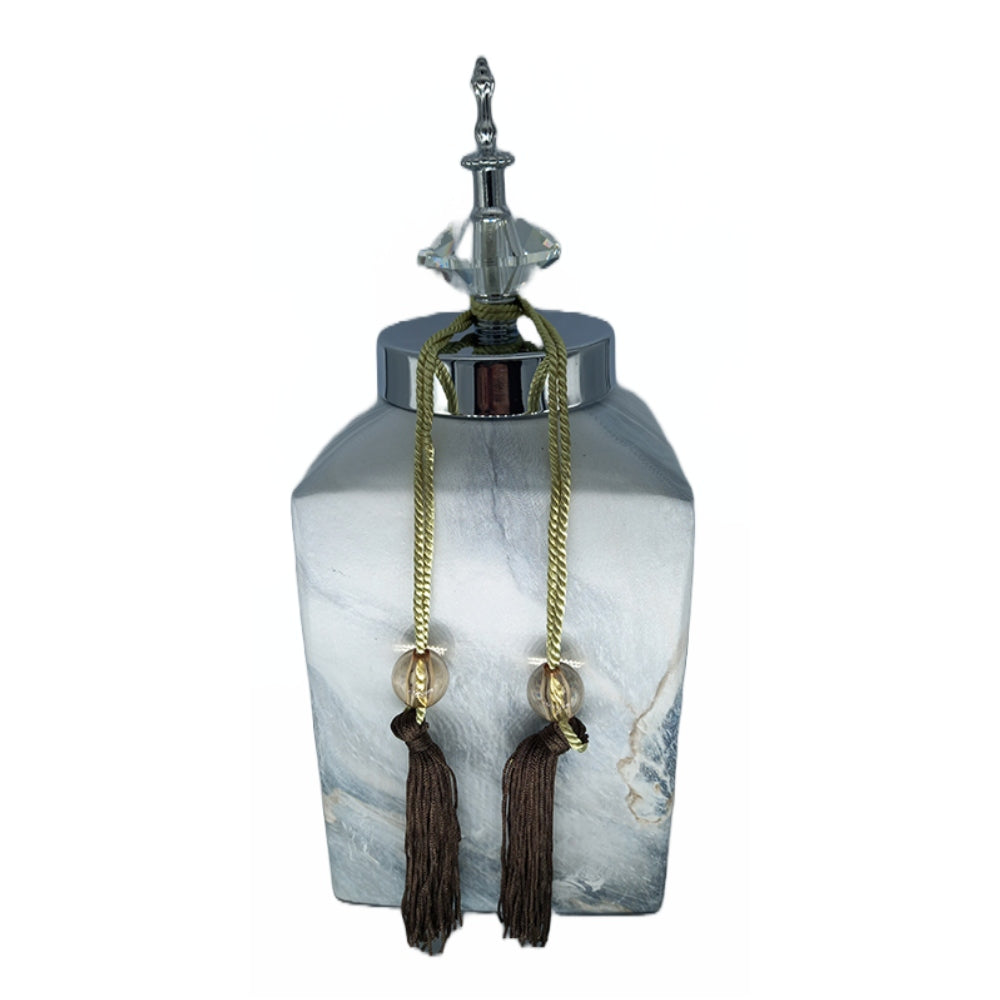 Βάζο με Καπάκι και Φούντες Κεραμικό Λευκό/Ασημί 14x14x32