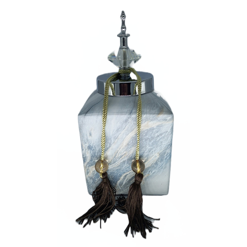 Βάζο με Καπάκι και Φούντες Κεραμικό Λευκό/Ασημί 14x14x29