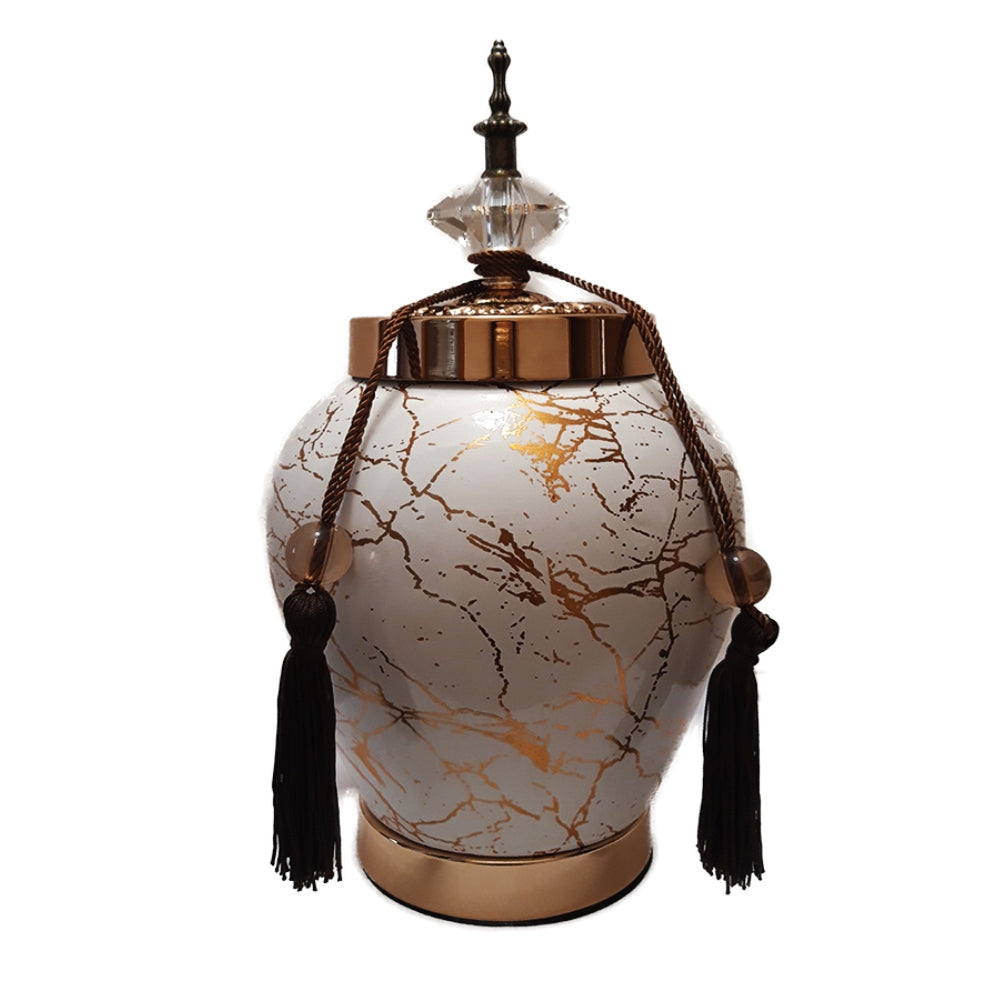 Βάζο με Καπάκι και Φούντες Κεραμικό Εκρού/Χρυσό 18x18x34