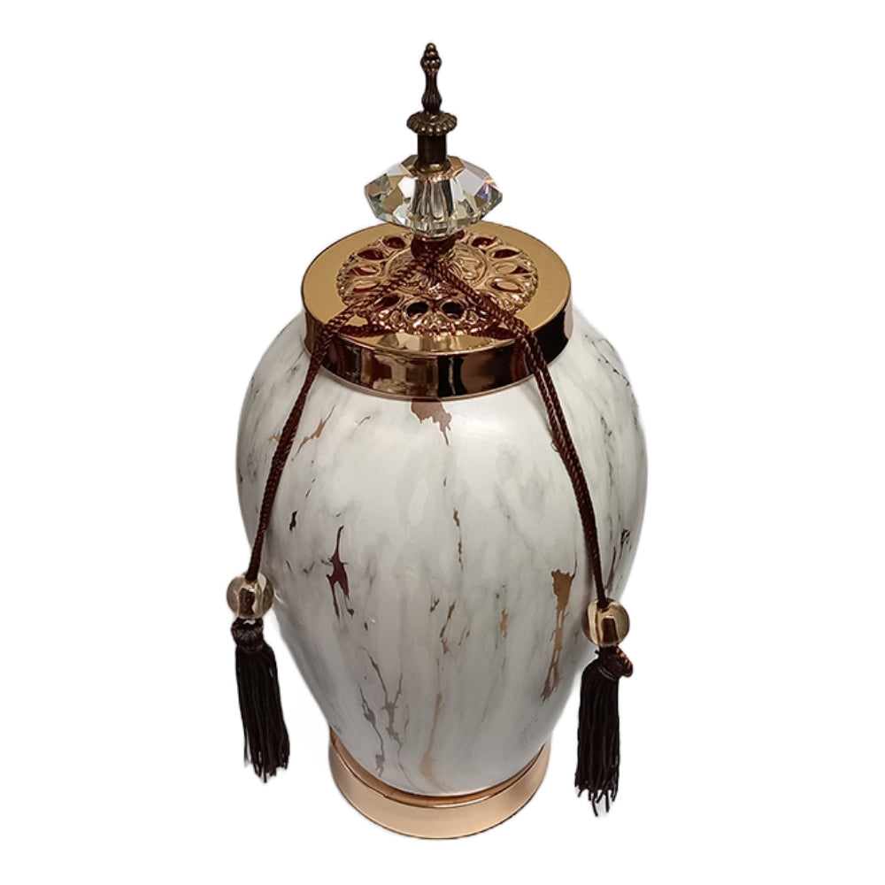 Βάζο με Καπάκι και Φούντες Κεραμικό Λευκό/Χρυσό 18x18x38