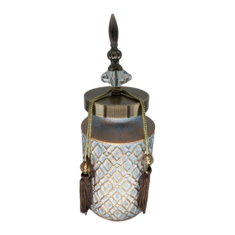 Βάζο με Καπάκι και Φούντες Κεραμικό Μπλε/Χρυσό 14x14x38