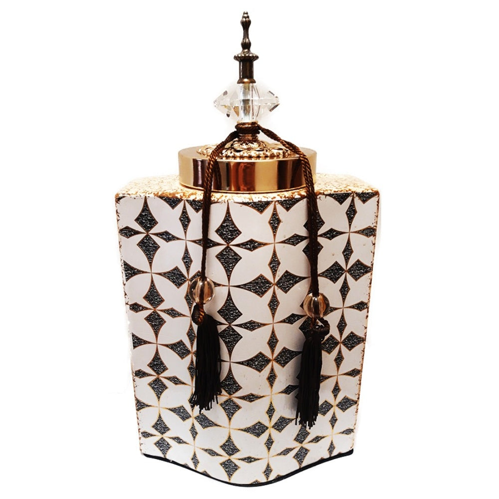 Βάζο με Καπάκι και Φούντες Κεραμικό Γκρι/Χρυσό 21x15x30