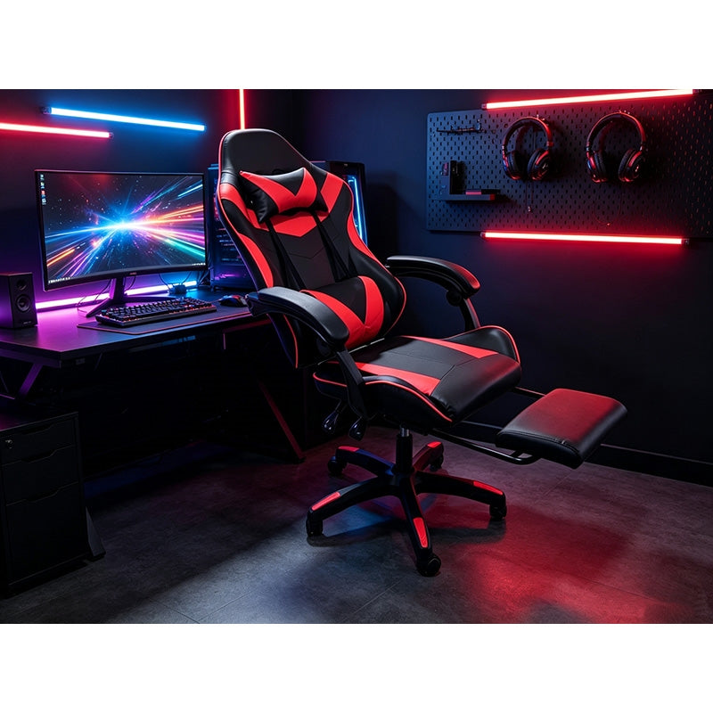A9937 ΜΑΥΡΟ/ΚΟΚΚΙΝΟ PVC ΠΟΛΥΘΡΟΝΑ GAMING ΜΕ ΥΠΟΠΟΔΙΟ 64x59x43-112/53-125