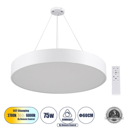 BURTON 61203-P Κρεμαστή Πλαφονιέρα Οροφής LED CCT 75W 8625lm 120° AC 220-240V - Εναλλαγή Φωτισμού μέσω Τηλεχειριστηρίου All In One Ψυχρό 6000k+Φυσικό 4500k+Θερμό 2700k Dimmable Φ60cm - Λευκό