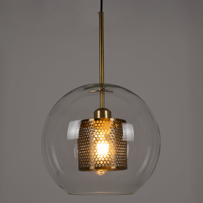 AVERY 00740 Μοντέρνο Κρεμαστό Φωτιστικό Οροφής Μονόφωτο 1 x E27 Διάφανο Γυάλινο με Χρυσό Μεταλλικό Πλέγμα Φ30 x Υ48cm