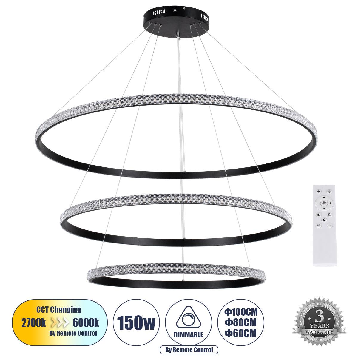 DIAMOND TRIO 61140 Κρεμαστό Φωτιστικό Δαχτυλίδι-Κύκλος LED CCT 150W 18379lm 360° AC 220-240V - Εναλλαγή Φωτισμού μέσω Τηλεχειριστηρίου All In One Ψυχρό 6000k+Φυσικό 4500k+Θερμό 2700k Dimmable Φ60+80+100cm - Μαύρο