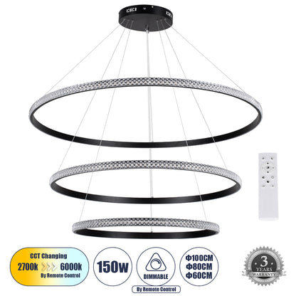 DIAMOND TRIO 61140 Κρεμαστό Φωτιστικό Δαχτυλίδι-Κύκλος LED CCT 150W 18379lm 360° AC 220-240V - Εναλλαγή Φωτισμού μέσω Τηλεχειριστηρίου All In One Ψυχρό 6000k+Φυσικό 4500k+Θερμό 2700k Dimmable Φ60+80+100cm - Μαύρο