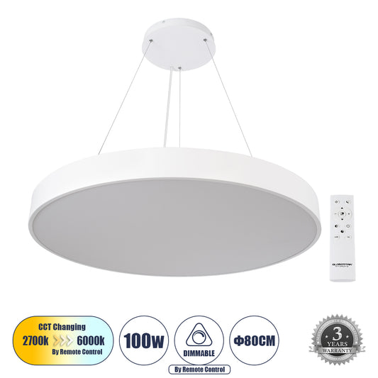 BURTON 61205-P Κρεμαστή Πλαφονιέρα Οροφής LED CCT 100W 11020lm 120° AC 220-240V - Εναλλαγή Φωτισμού μέσω Τηλεχειριστηρίου All In One Ψυχρό 6000k+Φυσικό 4500k+Θερμό 2700k Dimmable Φ80cm - Λευκό