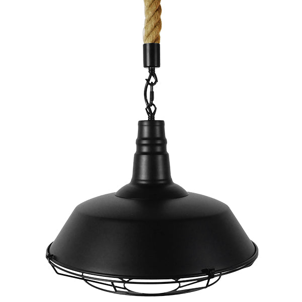 CRANE 01109 Vintage Industrial Κρεμαστό Φωτιστικό Οροφής Μονόφωτο 1 x E27 Μαύρο Μεταλλικό Καμπάνα Πλέγμα με Μπεζ Σχοινί Φ36 x Y25cm