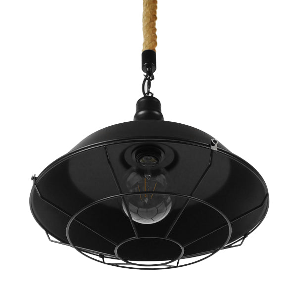 CRANE 01109 Vintage Industrial Κρεμαστό Φωτιστικό Οροφής Μονόφωτο 1 x E27 Μαύρο Μεταλλικό Καμπάνα Πλέγμα με Μπεζ Σχοινί Φ36 x Y25cm