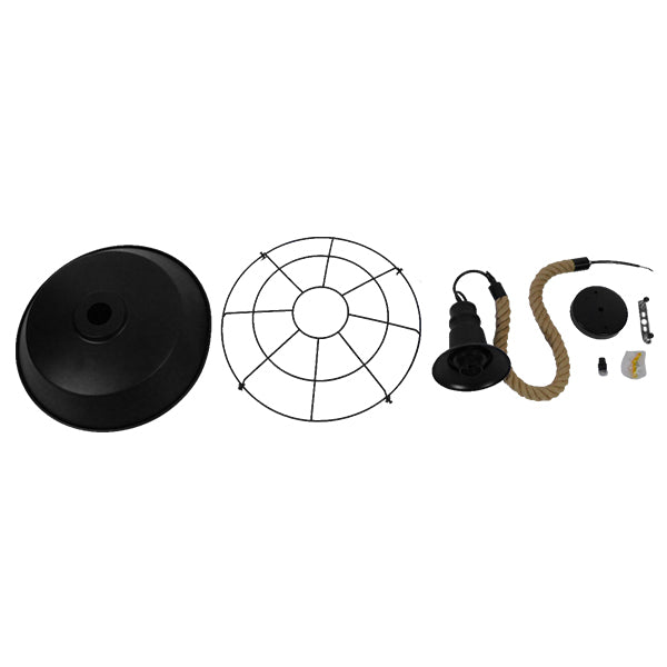 CRANE 01109 Vintage Industrial Κρεμαστό Φωτιστικό Οροφής Μονόφωτο 1 x E27 Μαύρο Μεταλλικό Καμπάνα Πλέγμα με Μπεζ Σχοινί Φ36 x Y25cm