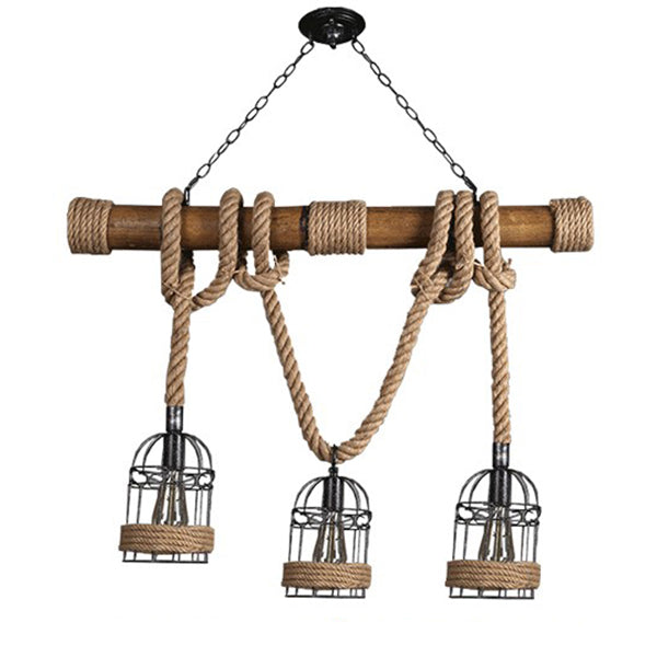 LILO 01149 Vintage Κρεμαστό Φωτιστικό Ράγα Τρίφωτο 3 x E27 IP20 Καφέ Ξύλο με Μπεζ Σχοινί Μ80 x Π15 x Υ100cm