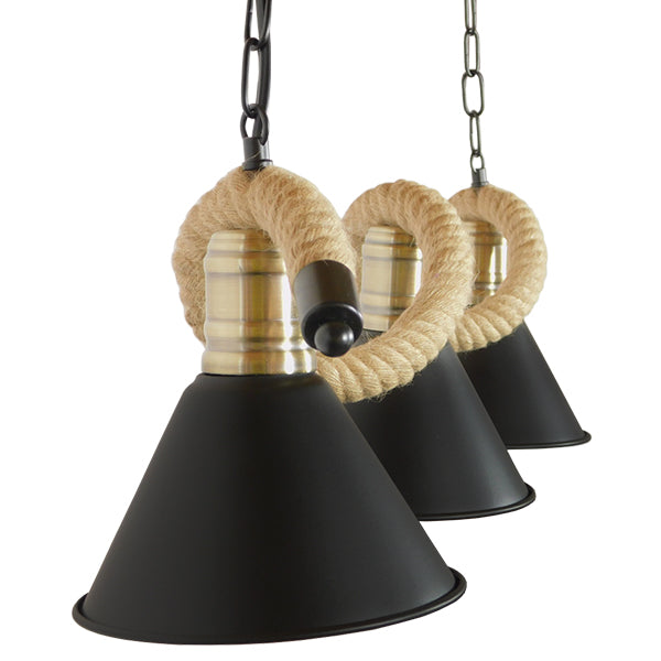 TYMEN 01189 Vintage Φωτιστικό Οροφής Τρίφωτο 3 x E27 Μαύρο Μεταλλικό Καμπάνα με Μπεζ Σχοινί Μ86 x Π22 x Υ23cm