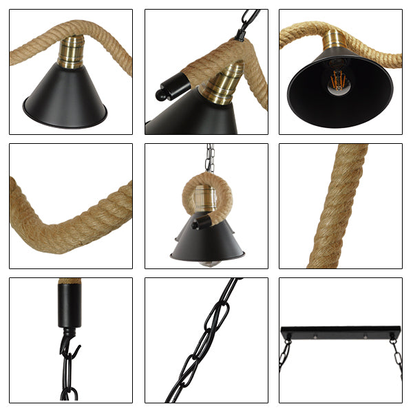 TYMEN 01189 Vintage Φωτιστικό Οροφής Τρίφωτο 3 x E27 Μαύρο Μεταλλικό Καμπάνα με Μπεζ Σχοινί Μ86 x Π22 x Υ23cm
