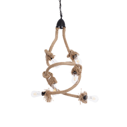 HAMTINE 01229 Vintage Κρεμαστό Φωτιστικό Σχοινί Πολύφωτο 6 x E27 IP20 Μαύρο Μέταλλο με Μπεζ Σχοινί - Μ40 x Π40 x Υ92cm