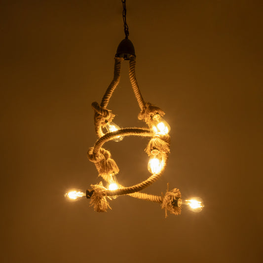 HAMTINE 01229 Vintage Κρεμαστό Φωτιστικό Σχοινί Πολύφωτο 6 x E27 IP20 Μαύρο Μέταλλο με Μπεζ Σχοινί - Μ40 x Π40 x Υ92cm