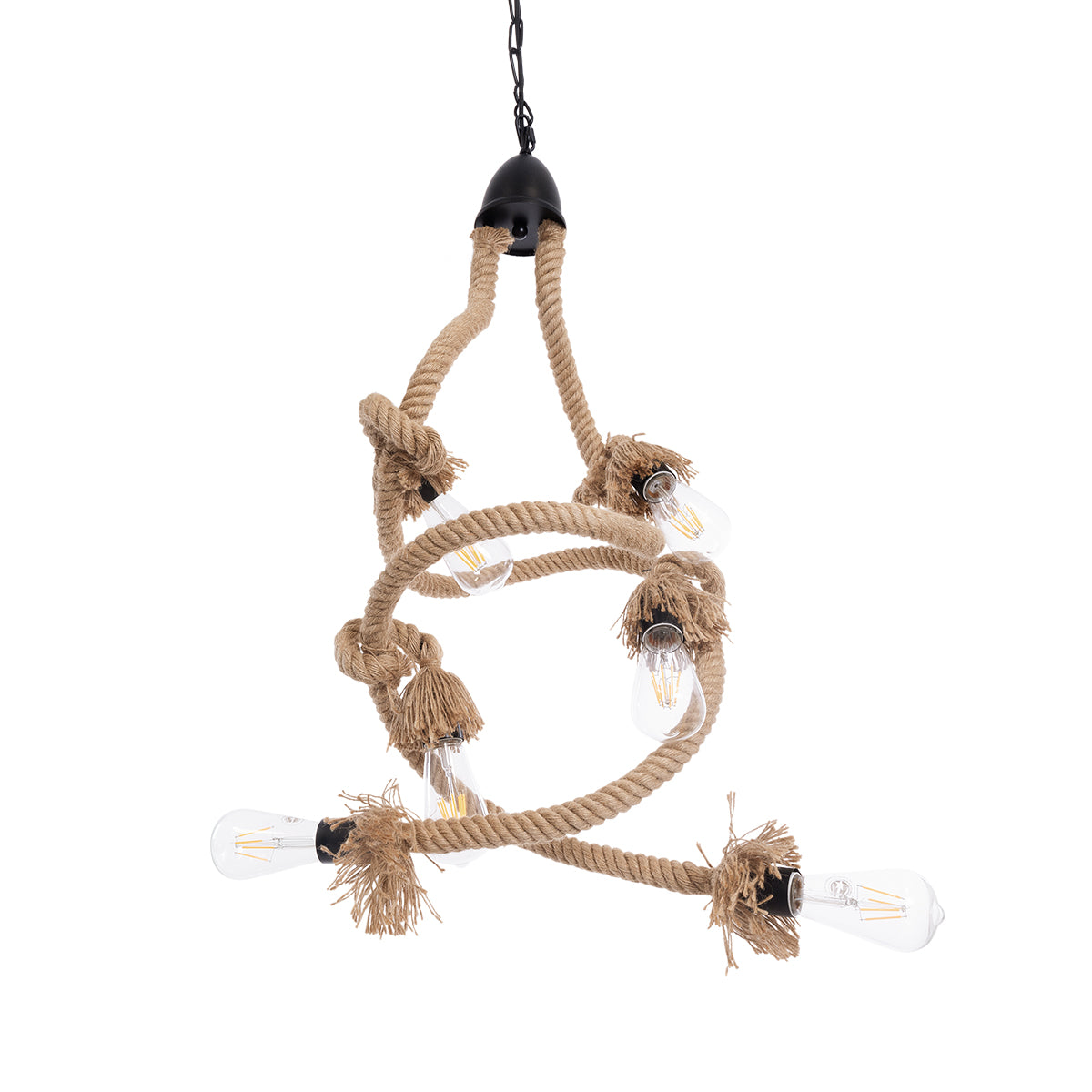 HAMTINE 01229 Vintage Κρεμαστό Φωτιστικό Σχοινί Πολύφωτο 6 x E27 IP20 Μαύρο Μέταλλο με Μπεζ Σχοινί - Μ40 x Π40 x Υ92cm