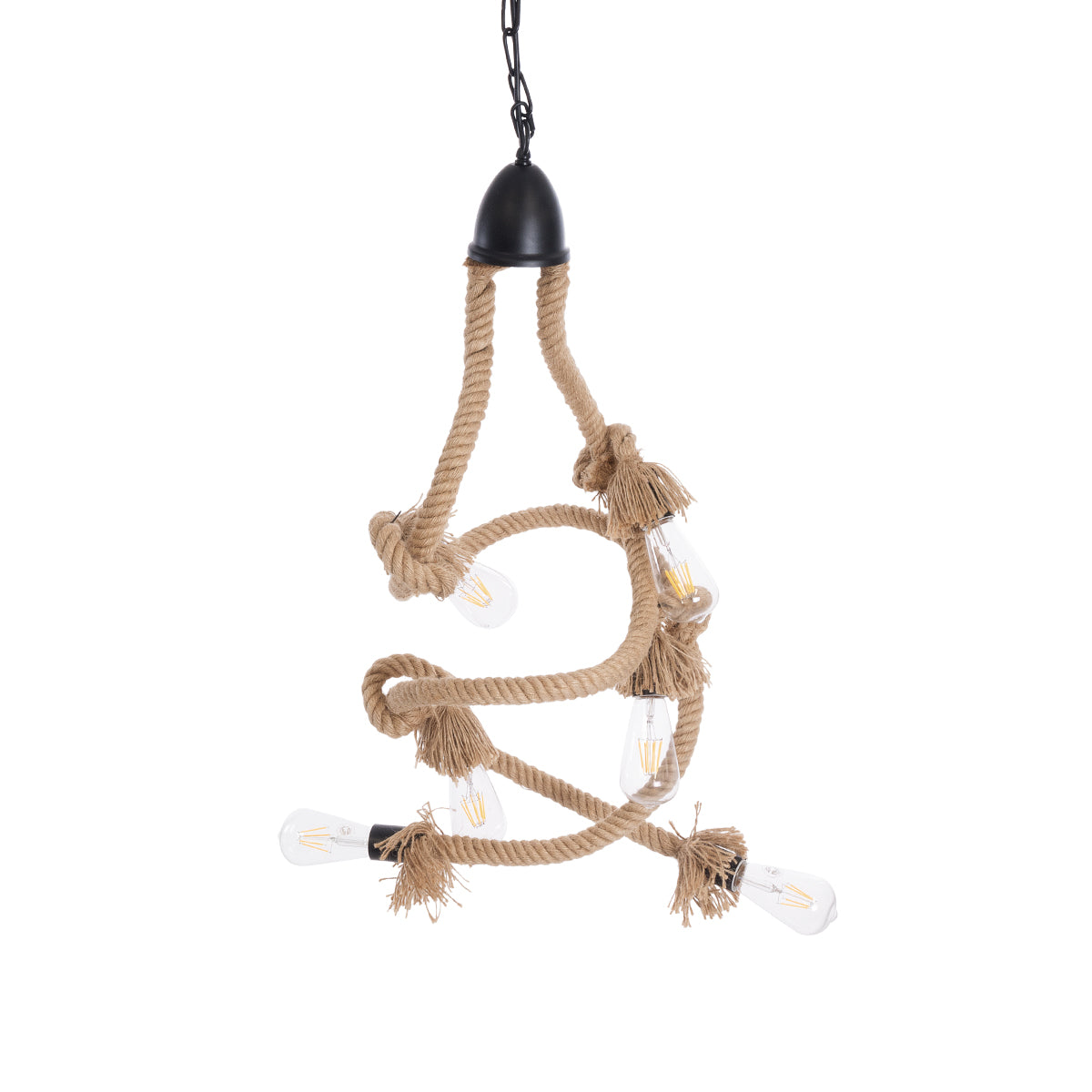 HAMTINE 01229 Vintage Κρεμαστό Φωτιστικό Σχοινί Πολύφωτο 6 x E27 IP20 Μαύρο Μέταλλο με Μπεζ Σχοινί - Μ40 x Π40 x Υ92cm
